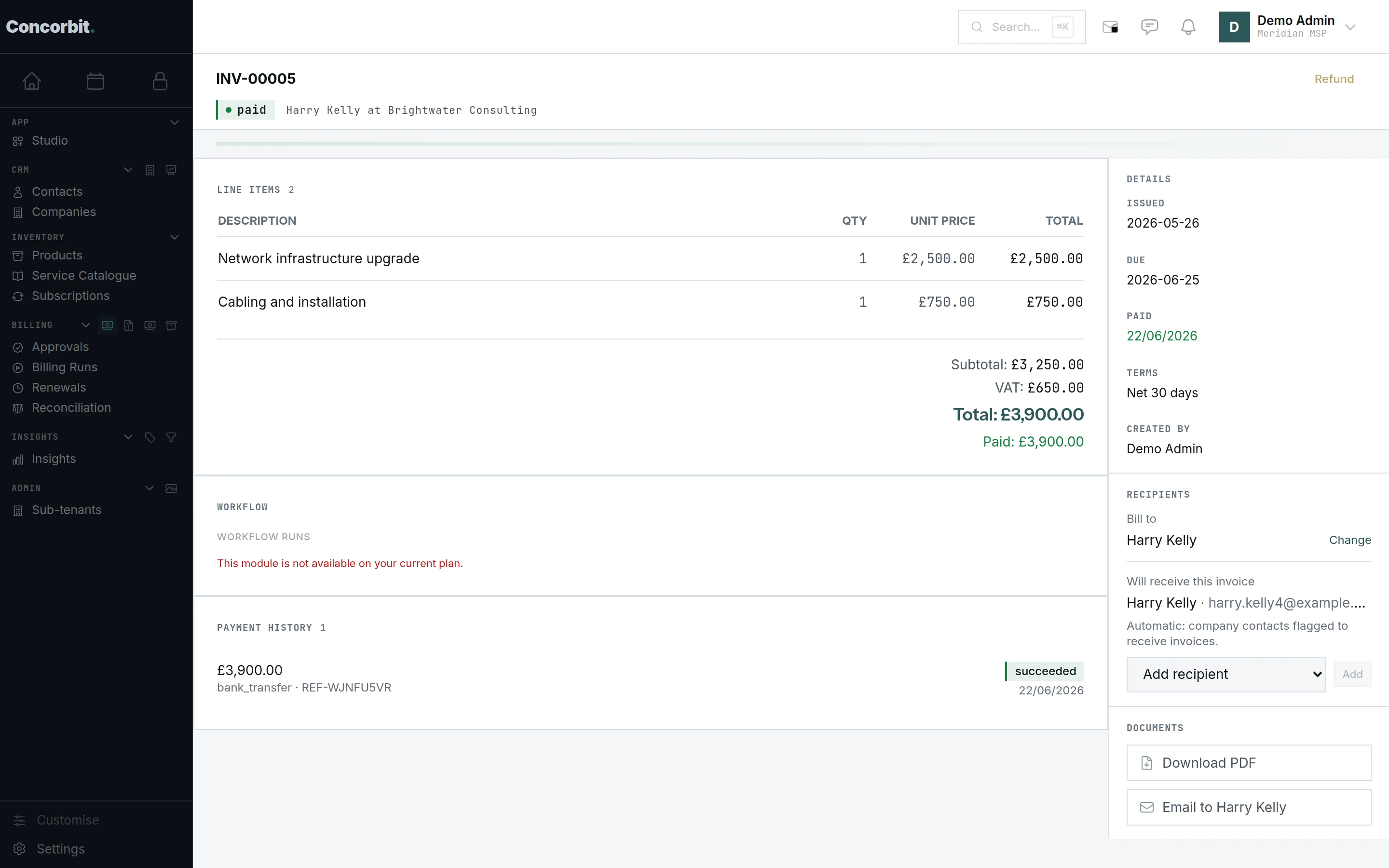 An invoice detail view showing line items, VAT, payment history and who will receive it