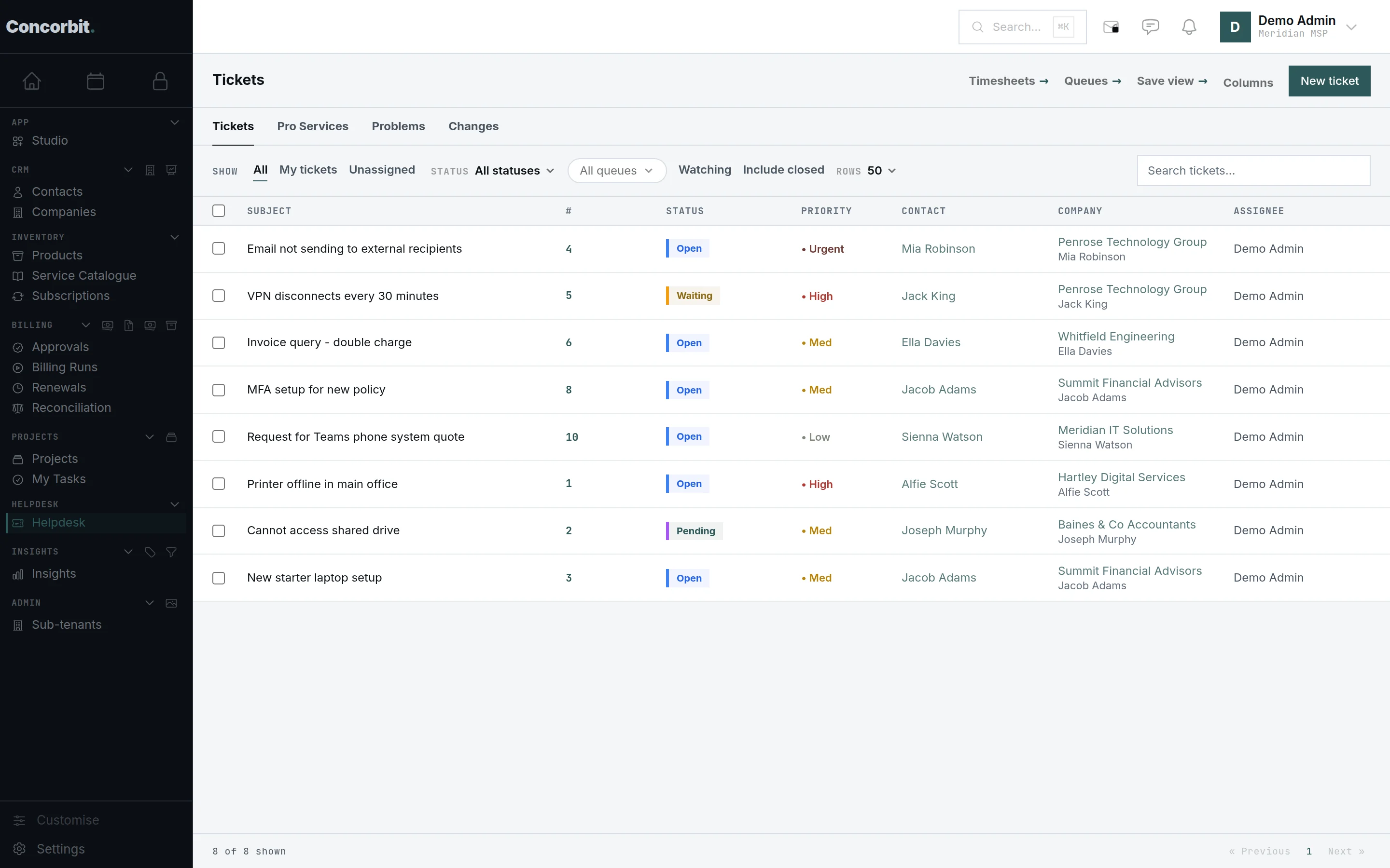 The helpdesk ticket queue, showing open tickets with their status, priority, contact and assignee